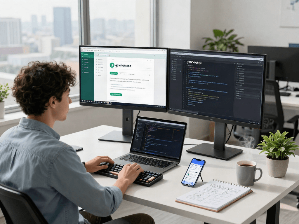 Developer working on the gbwhatsapp app interface in a modern tech office with colorful coding displays.