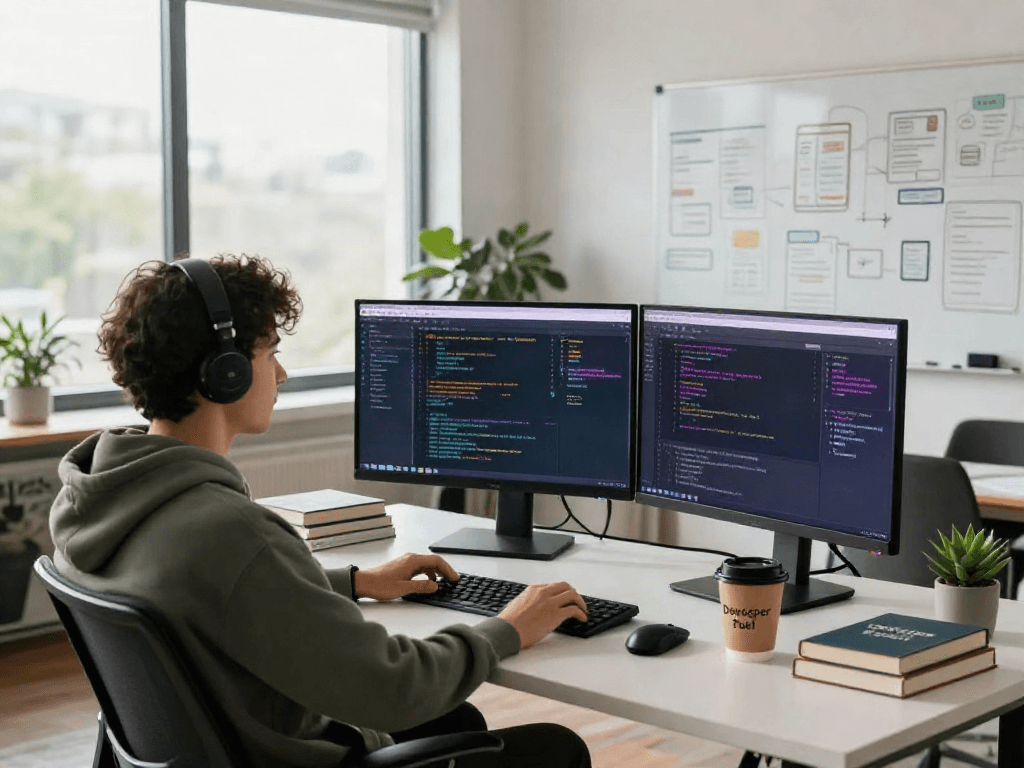 Developer engaging in coding for the pikashow apk download in a modern tech workspace.