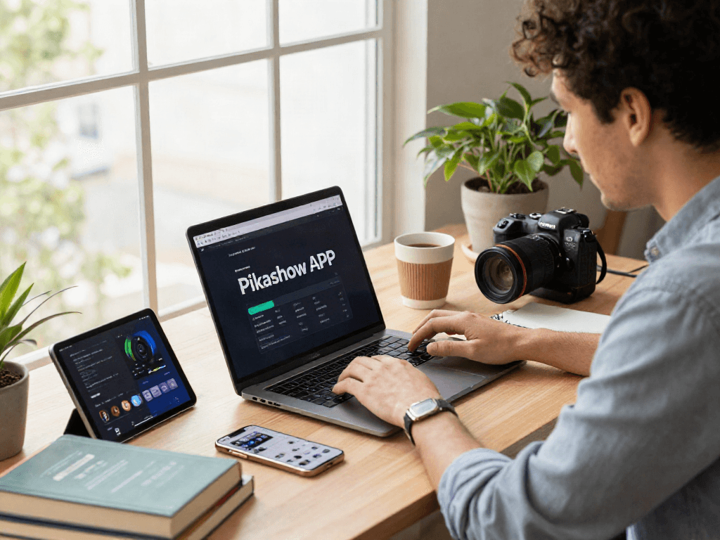 Pikashow APK being reviewed on a modern desk with tech gadgets and streaming options.