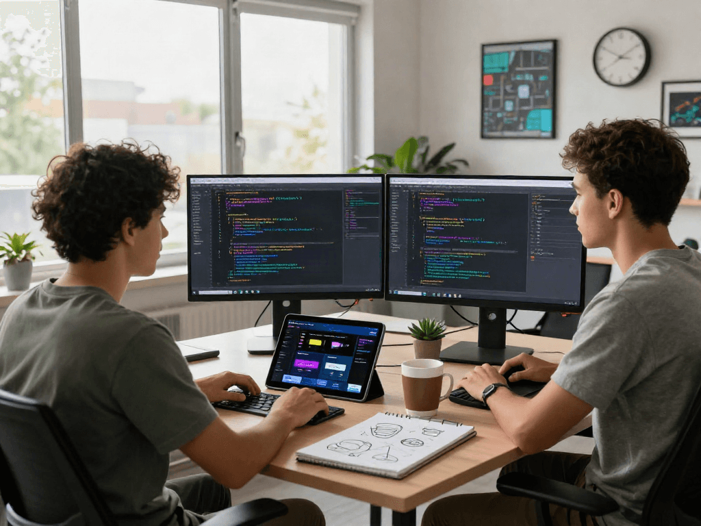 Developer coding the pikashow apk in a modern workspace with colorful screens and coffee.