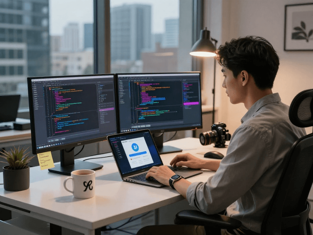 Software developer downloading the pikashow app on multiple devices in a modern office.