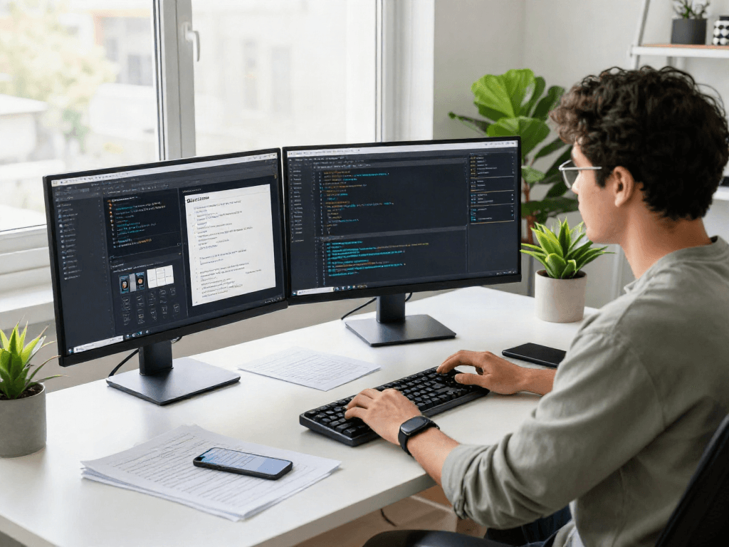 Developer engaging with an nsfw chat bot interface in a modern tech workspace.