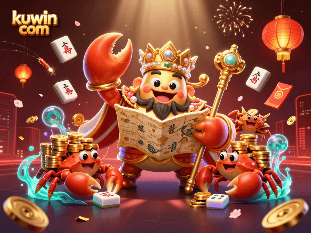 Engage with kuwin com in vibrant 3D casino illustration featuring a golden crab emperor and dynamic game elements.