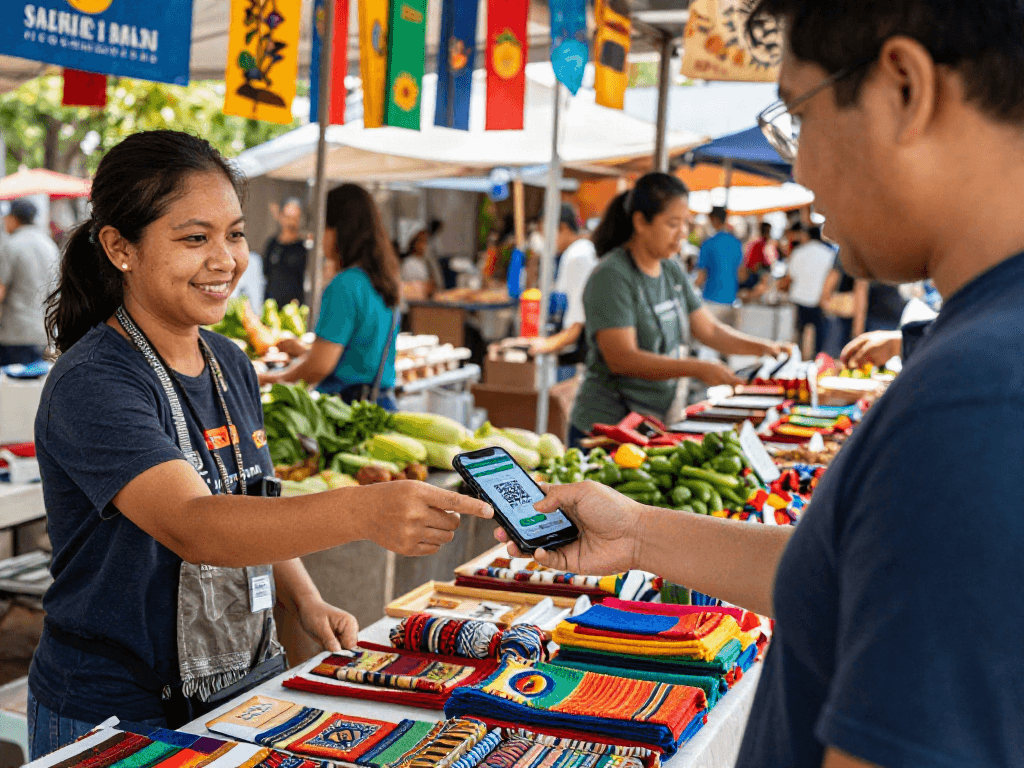 Customer making a slot qris payment for local crafts at a lively market.