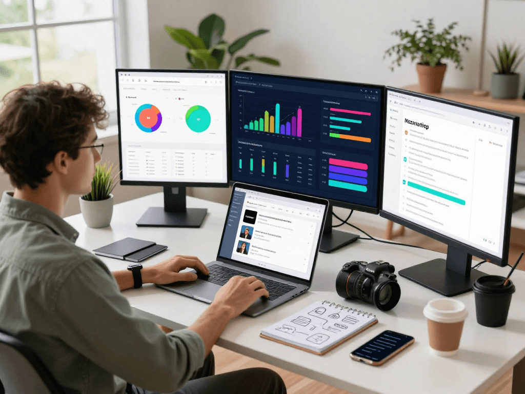 Purchase app downloads in an innovative marketing workspace with app analytics and vibrant atmosphere.