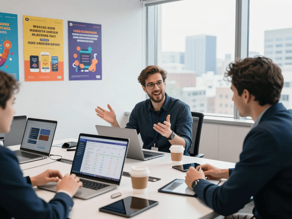 Purchase app downloads strategy meeting at a modern marketing office with analytics displays.