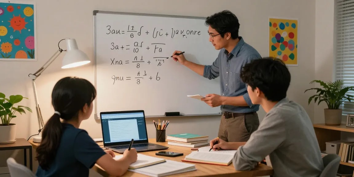 Maths tutors engaging with a student in a cozy study, solving equations together.