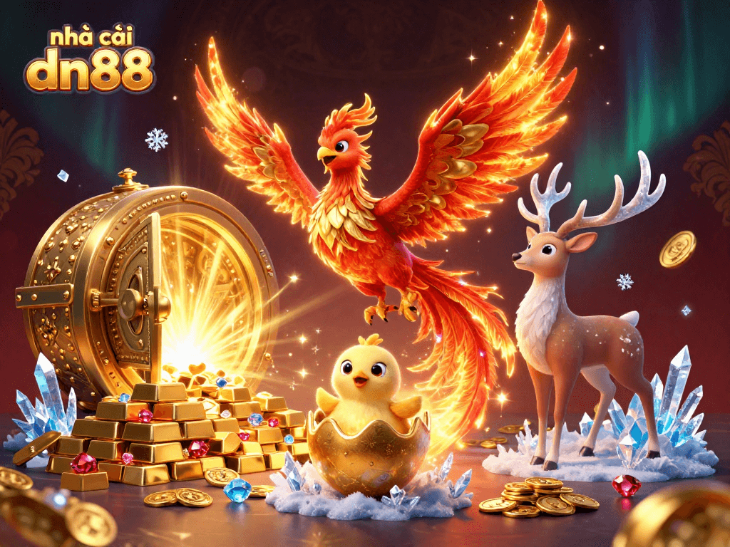 Experience the thrilling games at nhà cái dn88 with rich visuals of a phoenix and treasure.