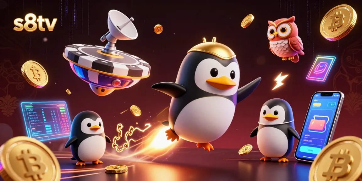 S8TV displays a golden penguin racing towards a poker chip station, surrounded by crypto elements and vibrant gaming symbols.