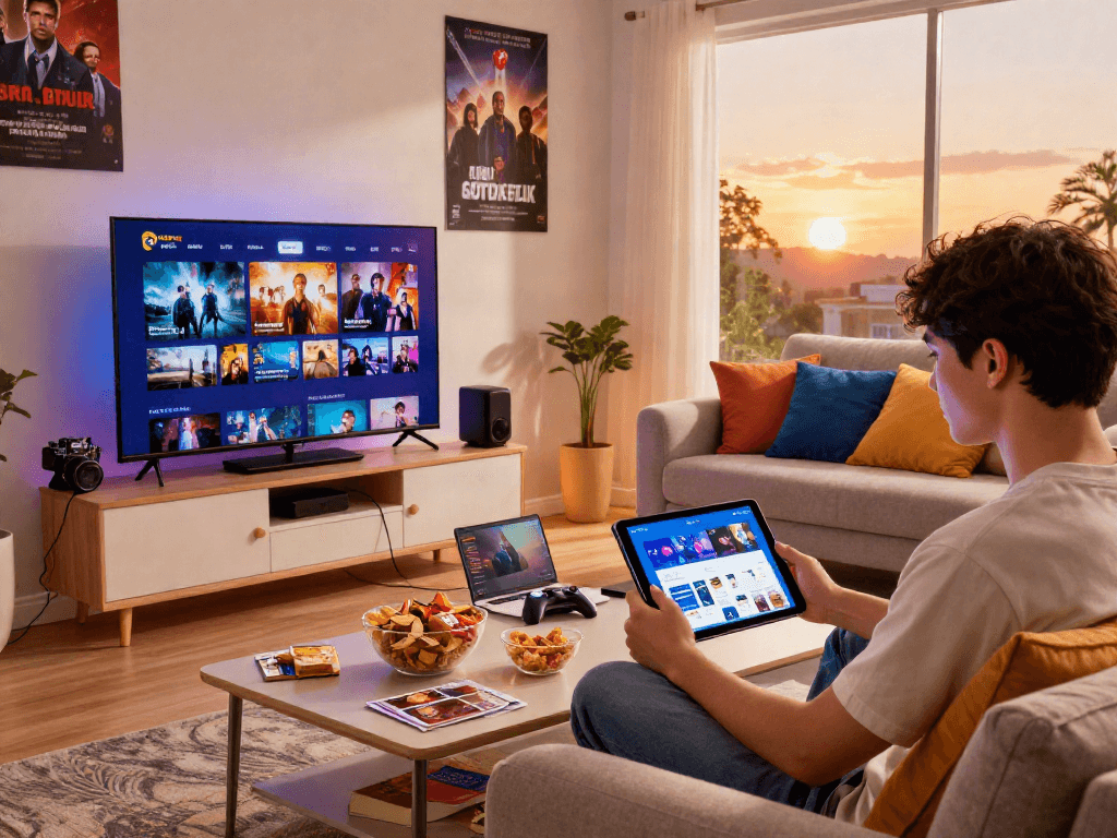 Cocoflix apk explored on tablet in cozy living room setup with streaming devices.