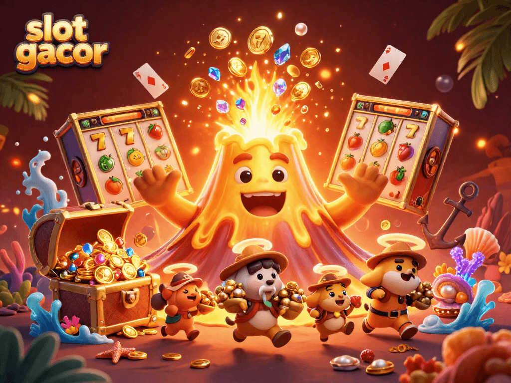 Win big with slot gacor featuring a vibrant volcano and treasure-filled underwater scene.