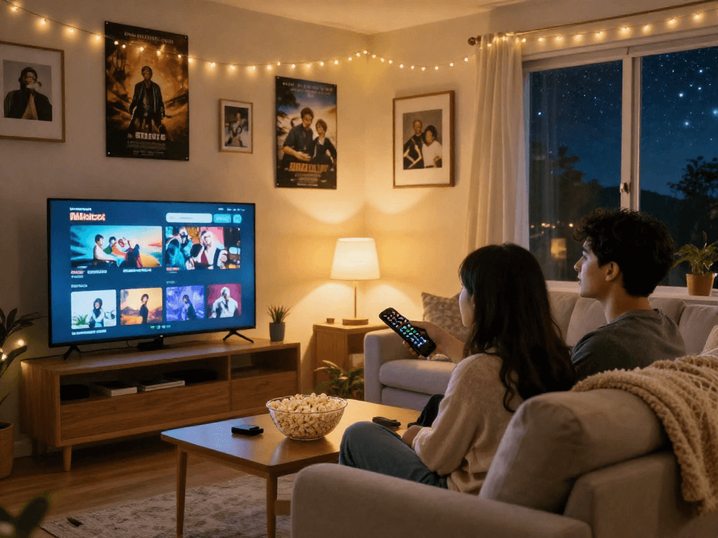 Couple enjoying a cozy movie night using the Moviebox app on a smart TV.