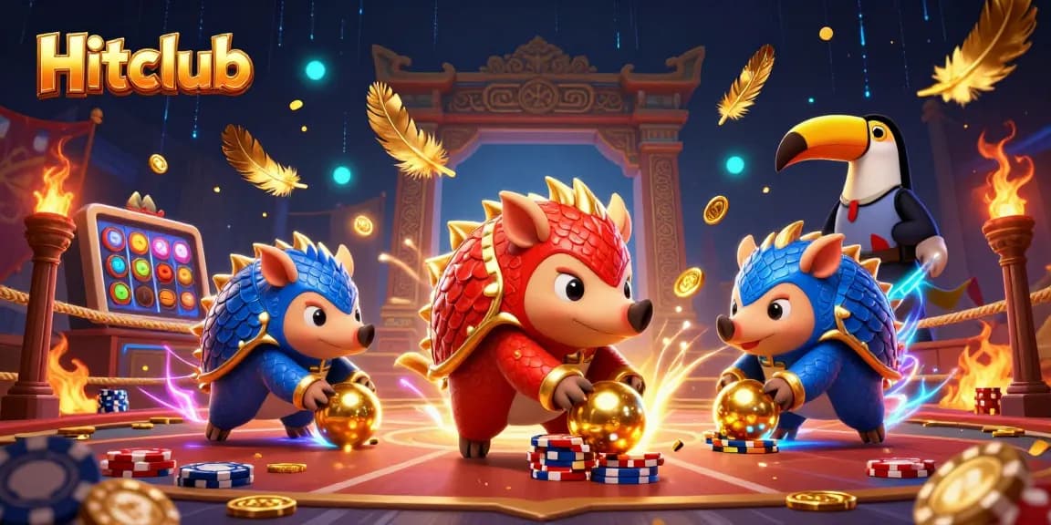 Hitclub pangolins compete in an energetic casino scene full of slots and poker excitement.