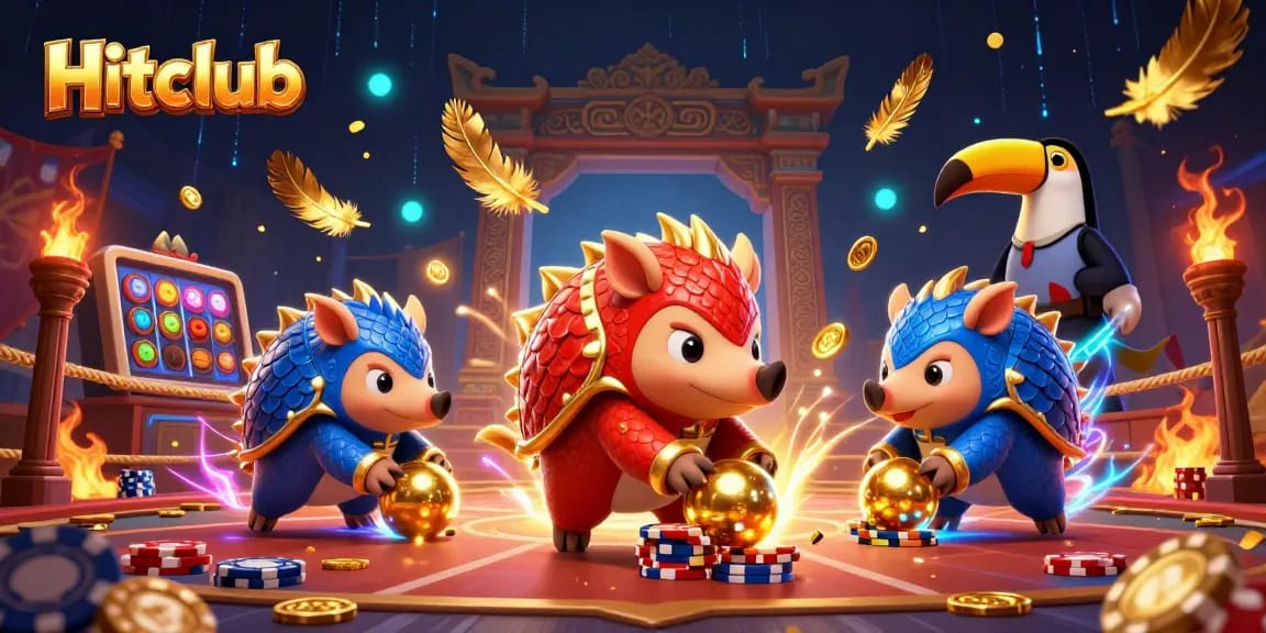 Hitclub pangolins compete in an energetic casino scene full of slots and poker excitement.