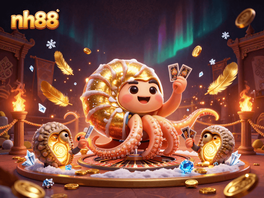 Engage with exciting casino strategies at nh88, featuring a golden roulette wheel and glowing ammonite elements.