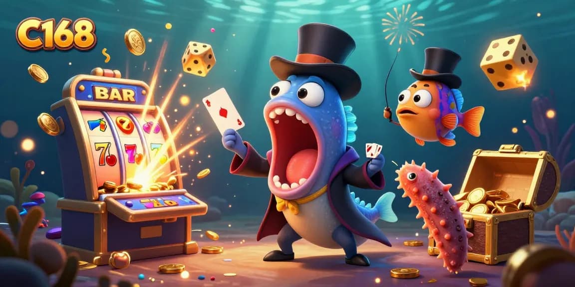 C168 magical casino scene featuring a deep-sea eel performing tricks, anglerfish spotlighting, and slot machine overflow.