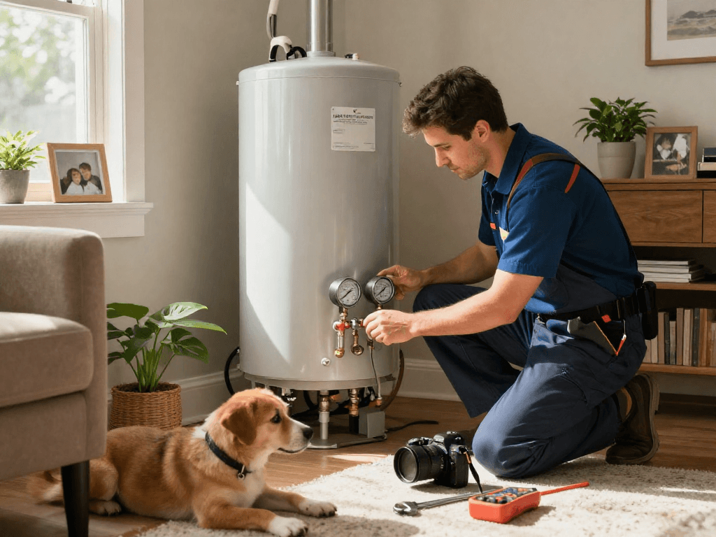 Professional plumber Fort Worth inspecting a home's water heater, showcasing tools and an inviting living room.