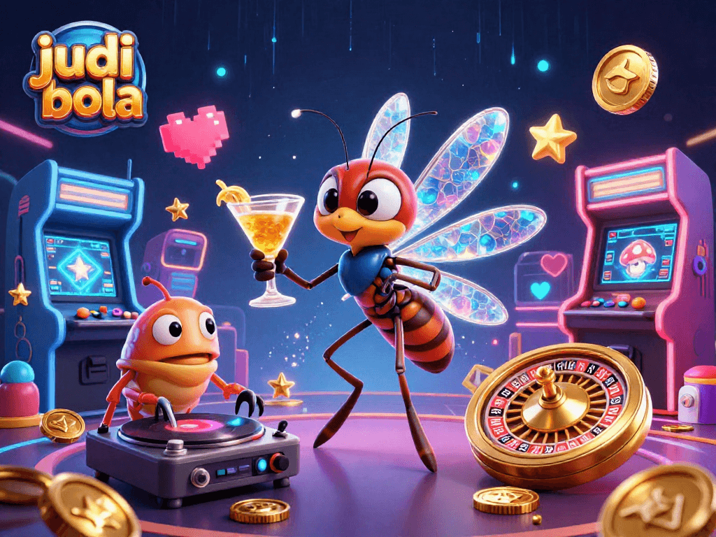 Engage in judi bola with colorful casino elements featuring animated characters, varied games, and vibrant effects.