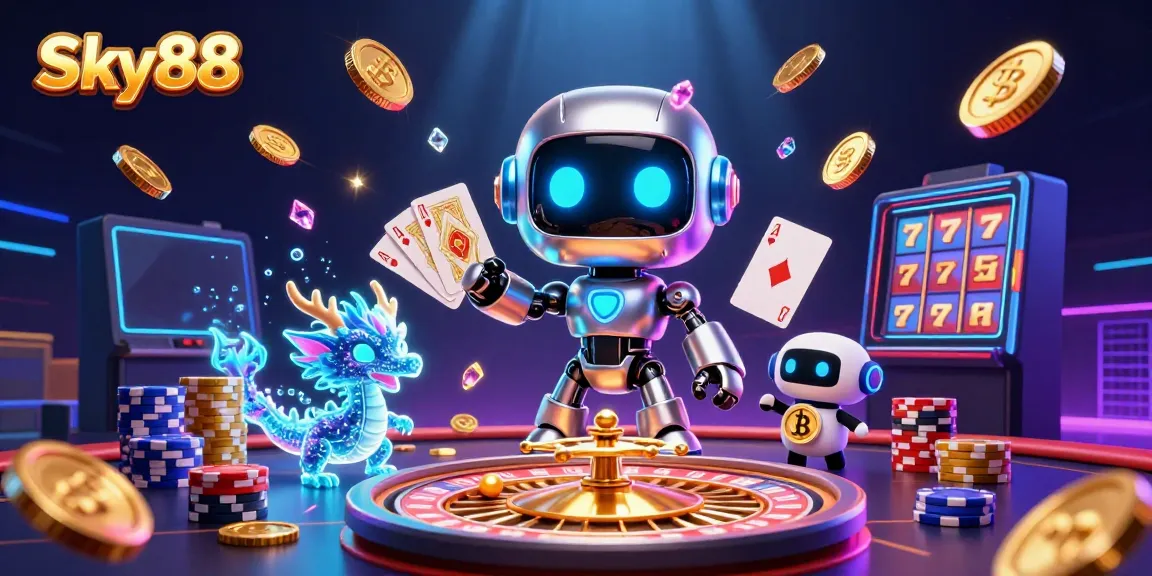 Engage with Sky88's vibrant casino scene featuring captivating characters amidst flying chips and luminous coins.