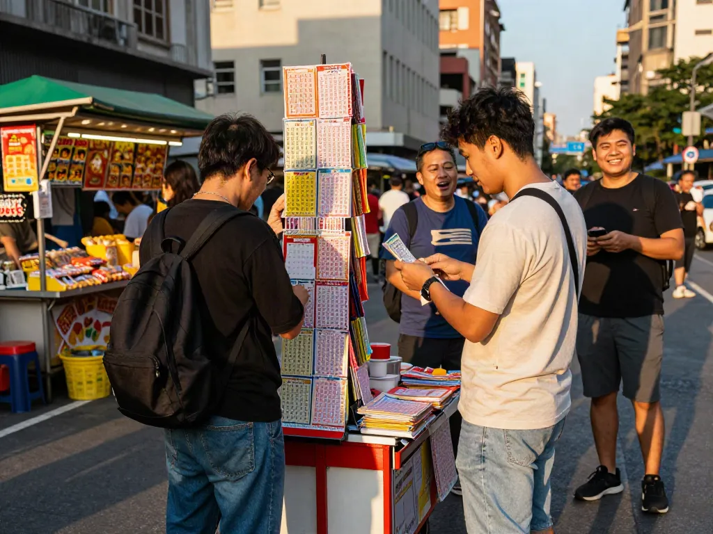 Exploring harga toto lottery tickets at a vibrant street vendor.