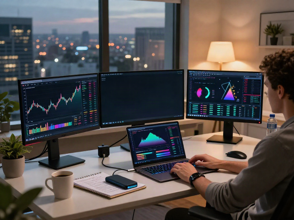 Crypto price API real-time trading setup with Bitcoin and Ethereum charts and advanced analytics in a modern home office.