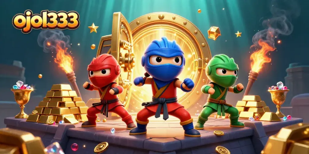 Engage in the action-filled world of ojol333 with ninja chameleons and treasure in a vibrant casino scene.