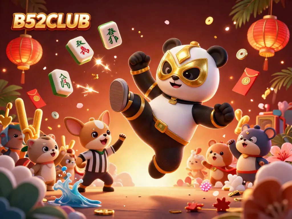 Engage with thrilling B52CLUB gaming adventures featuring a vibrant 3D panda wrestler.