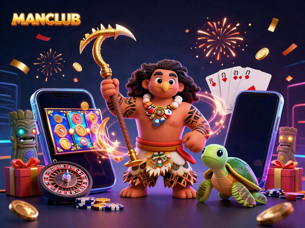 Engage in thrilling games at MANCLUB featuring a 3D cartoon representation of a demigod and turtle in a rich casino setting.