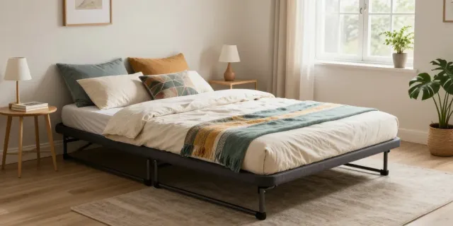 Portable bed setup in a cozy bedroom, showcasing stylish bedding and natural light.