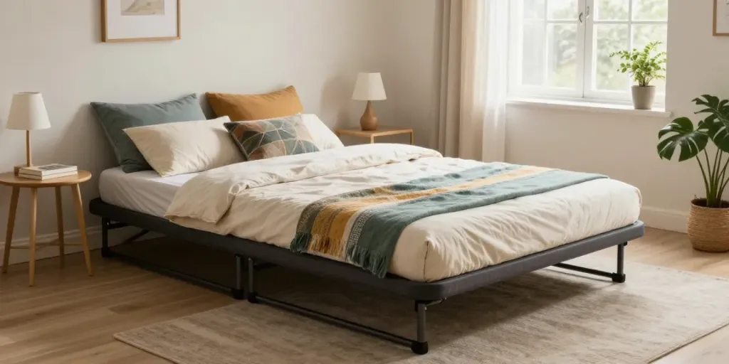 Portable bed setup in a cozy bedroom, showcasing stylish bedding and natural light.