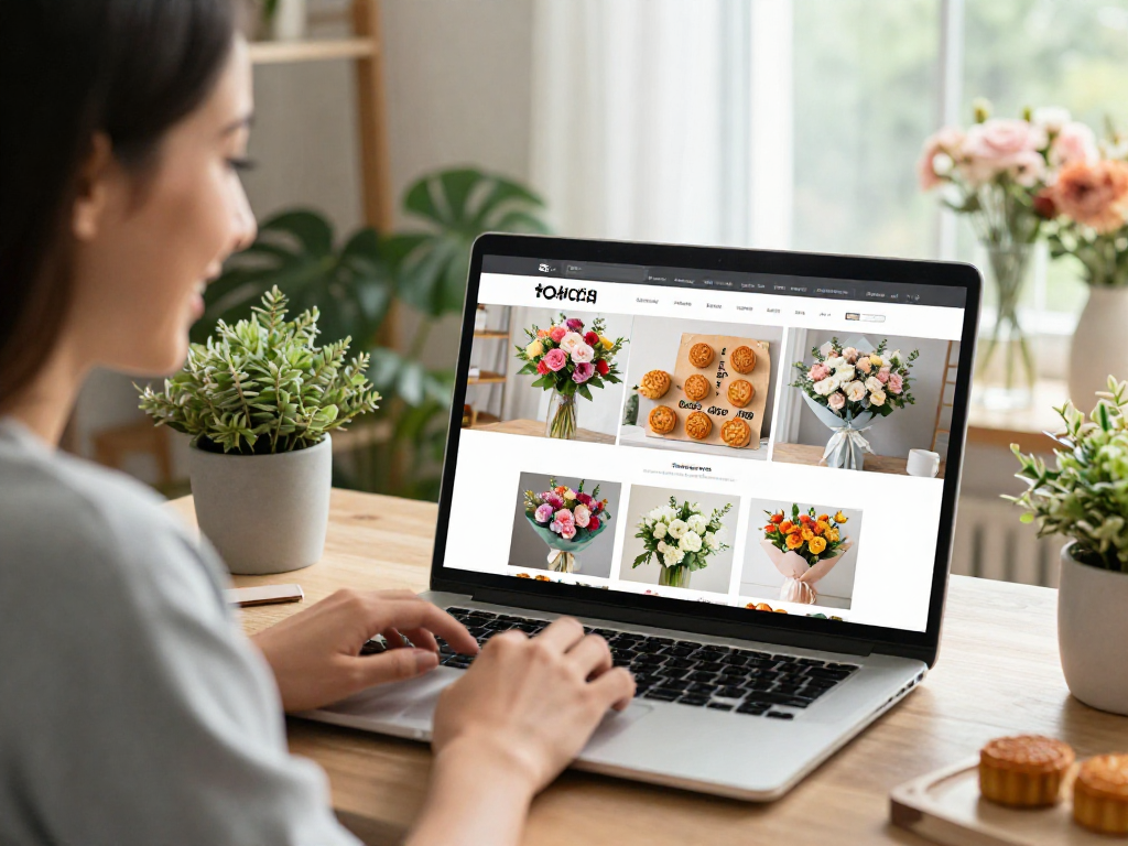 Customer menggunakan bos88 untuk membeli buket bunga dan kue bulan secara online.