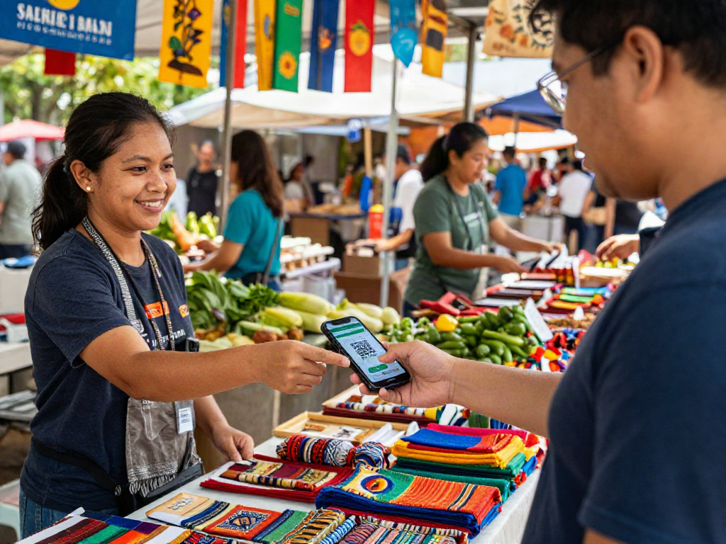 Customer making a slot qris payment for local crafts at a lively market.