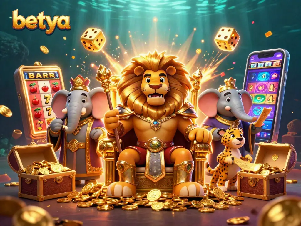 Experience the thrill of gaming with Betya, featuring a majestic lion king and dynamic casino elements.