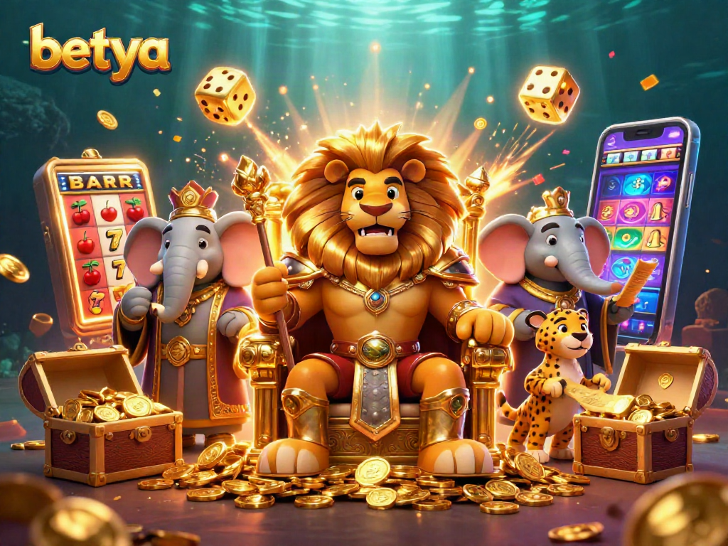 Experience the thrill of gaming with Betya, featuring a majestic lion king and dynamic casino elements.