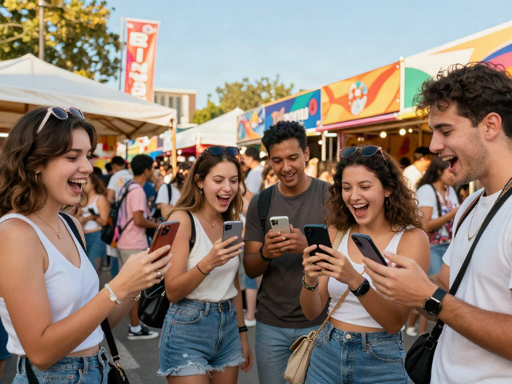 Friends comparing their celebrity look alike matches at a lively street festival, showcasing fun and vibrant interactions.