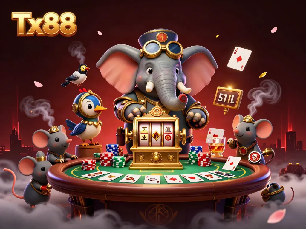 Experience Tx88 with a vibrant 3D illustration of a steampunk elephant winning at the slot machine.