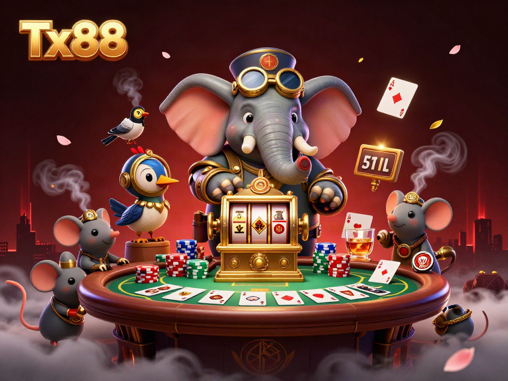 Experience Tx88 with a vibrant 3D illustration of a steampunk elephant winning at the slot machine.