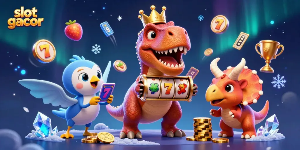 Engage with slot gacor themes featuring a cartoon T-Rex shuffling game cards and stacking golden chips in an illustrated casino setting.