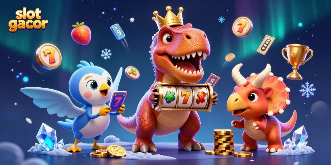 Engage with slot gacor themes featuring a cartoon T-Rex shuffling game cards and stacking golden chips in an illustrated casino setting.