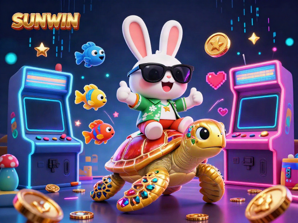 Experience the vibrant atmosphere of SUNWIN as a lucky rabbit and a golden turtle celebrate gaming wins surrounded by a lively arcade.