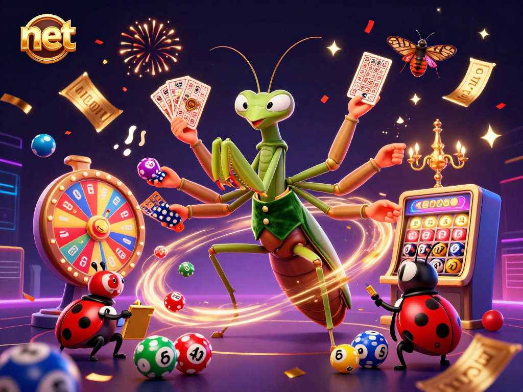 Join the excitement with "net" as vibrant lottery balls bounce in a festive casino scene filled with games.