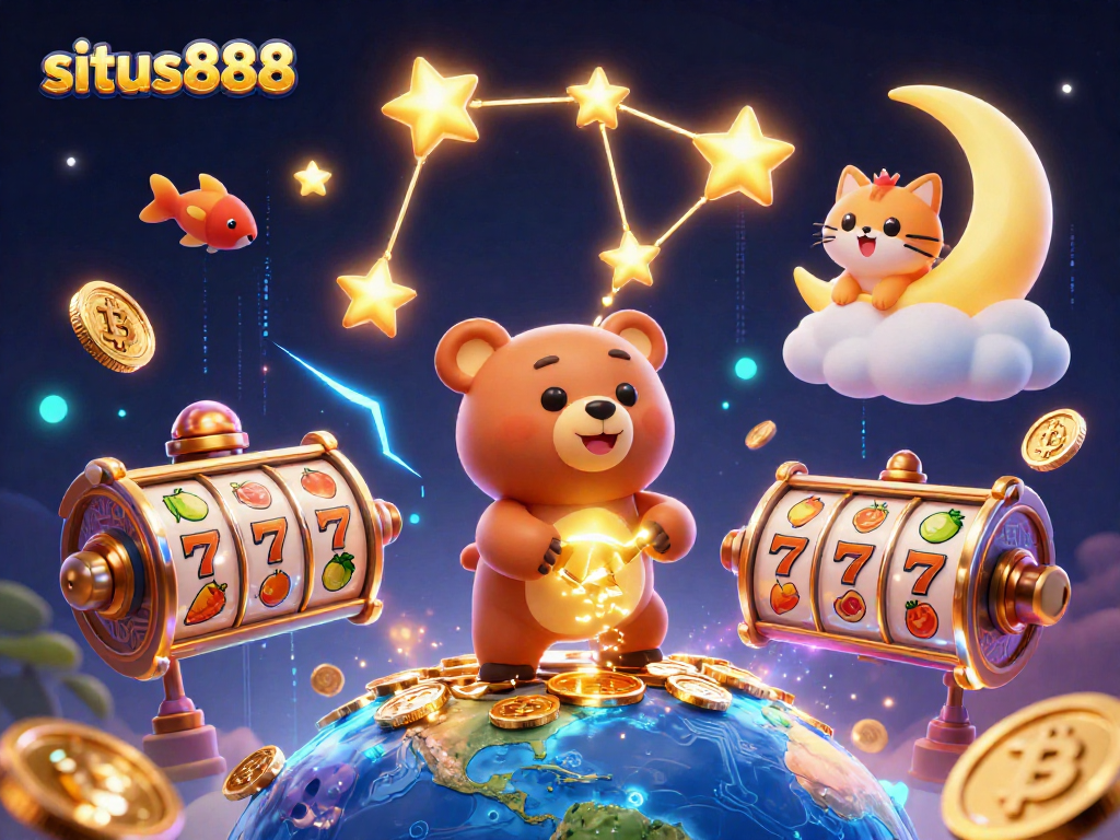 Engage with situs888 as the constellation bear collects coins amidst vibrant casino symbols.