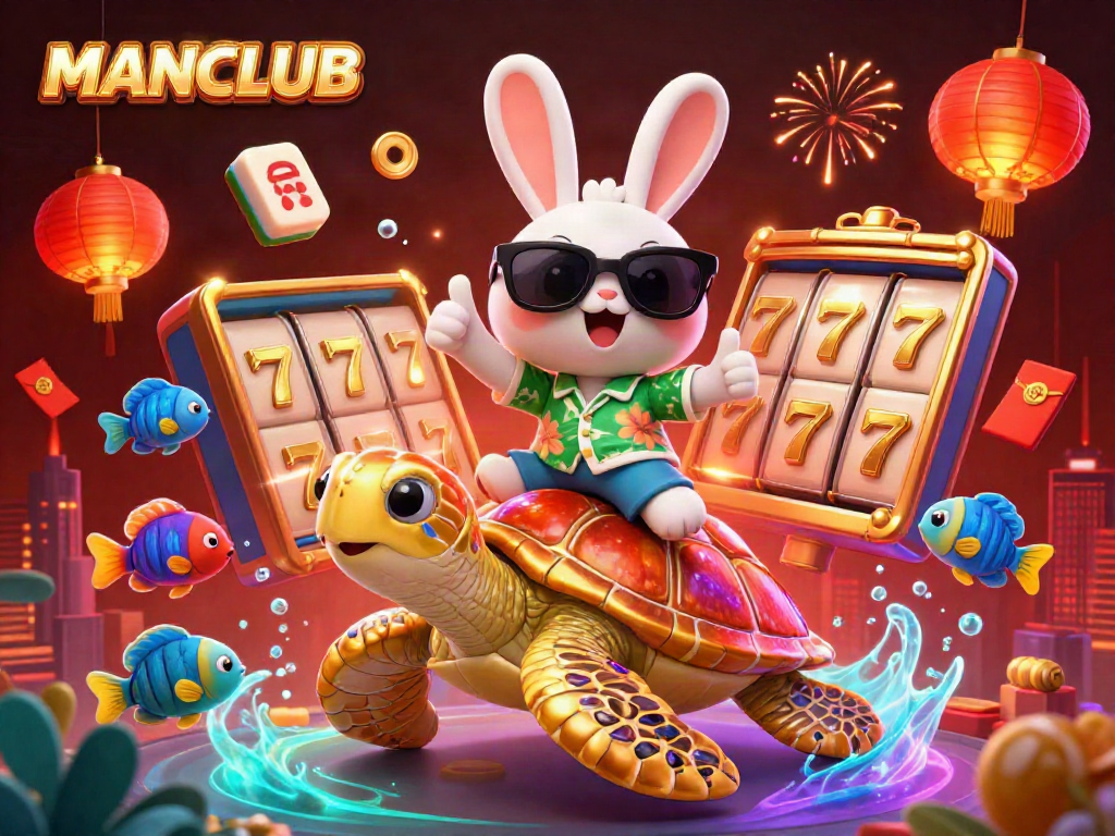 Engage in thrilling casino adventures with the MANCLUB lucky rabbit and golden turtle, celebrating wins.