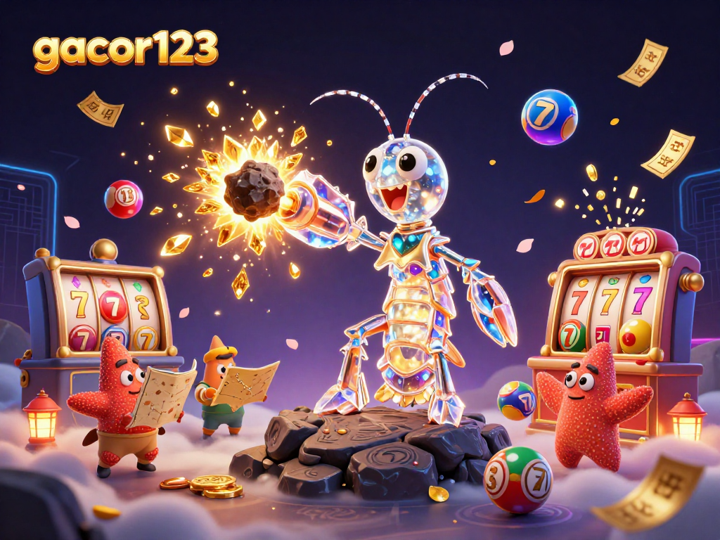 Experience excitement at gacor123 with vibrant slots, golden tickets, and galactic characters in a dynamic casino illustration.