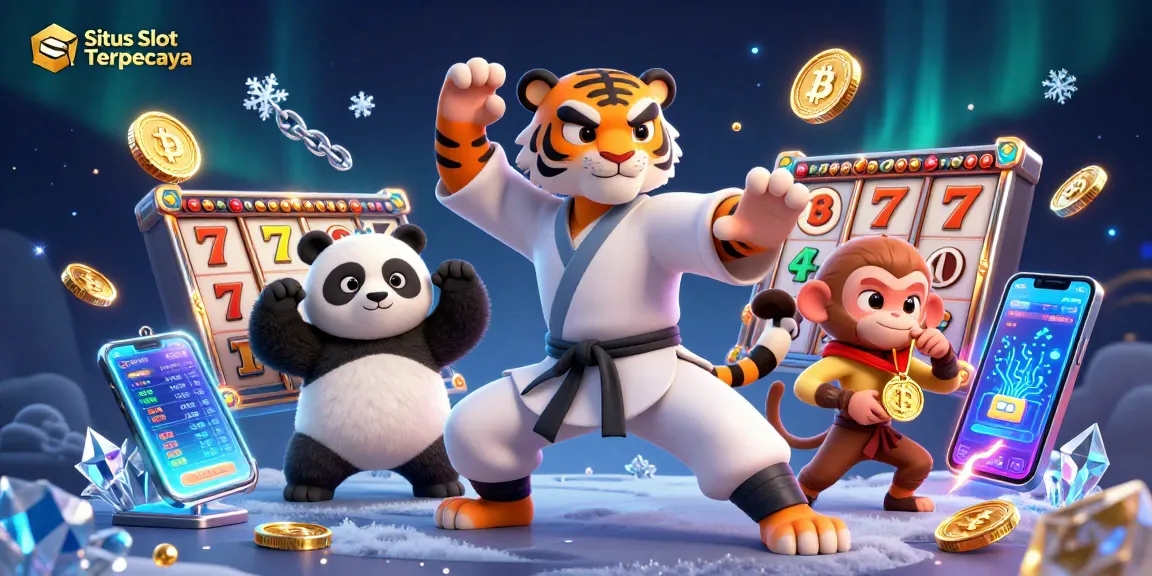 Situs Slot Gacor Terpercaya showcases a 3D cartoon kung fu tiger master, panda disciple, and mischievous monkey, captivating slot elements.
