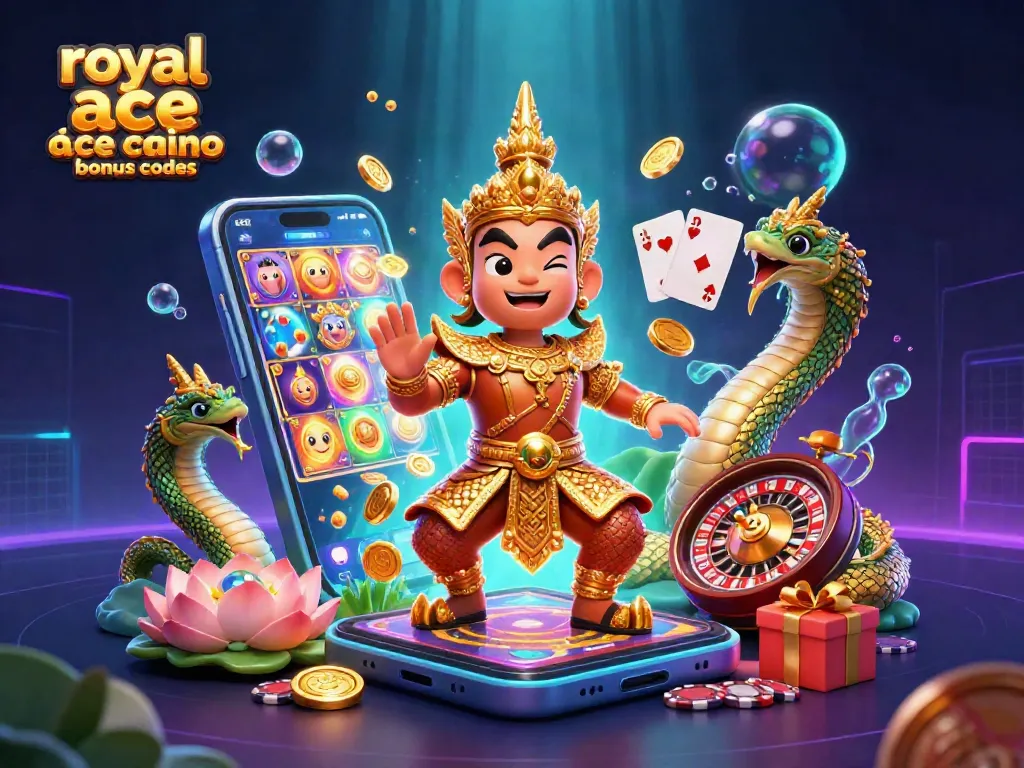 Engage with royal ace casino bonus codes through vibrant slot games and promotions in an illustrated casino scene.