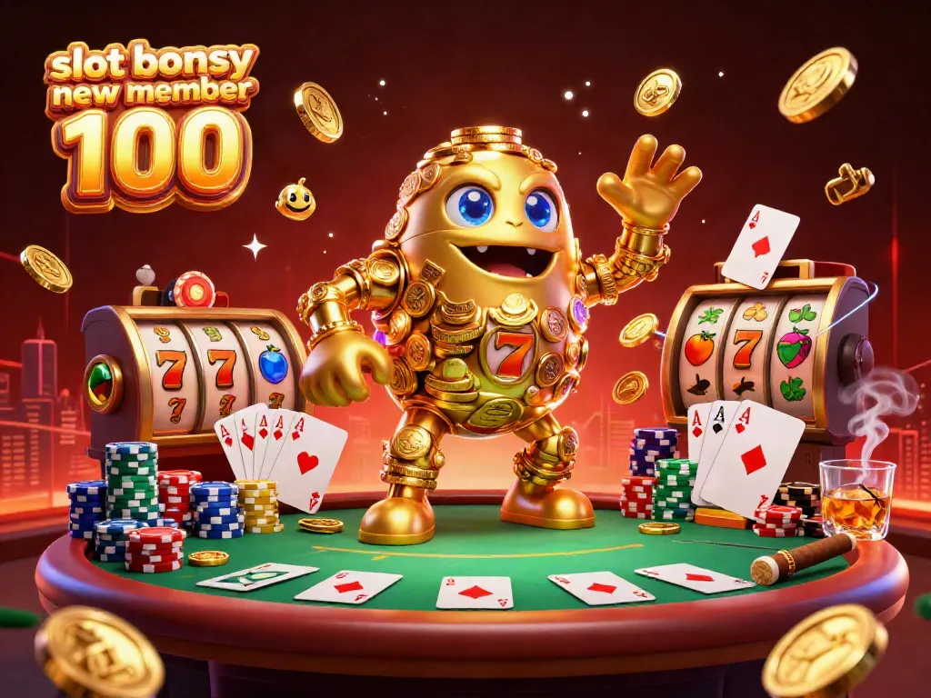 Experience excitement with slot bonus new member 100 in this dynamic 3D illustration filled with golden golems and vibrant casino elements.