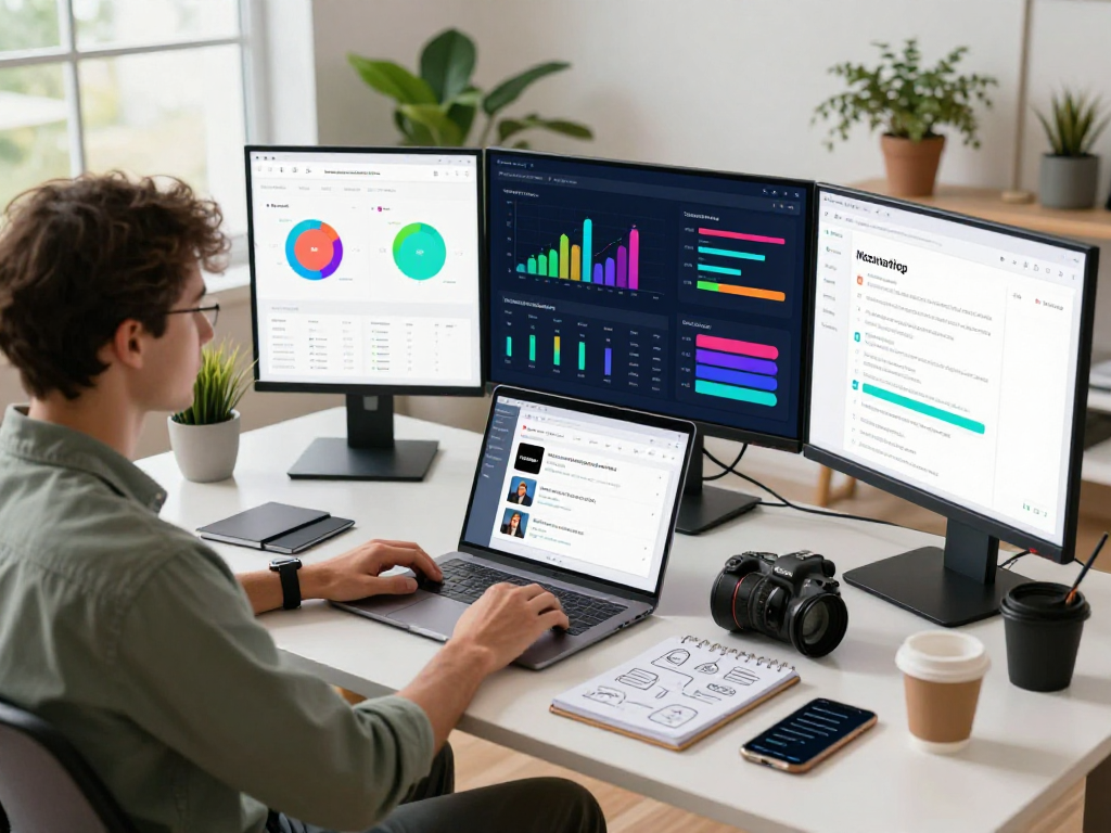 Purchase app downloads in an innovative marketing workspace with app analytics and vibrant atmosphere.