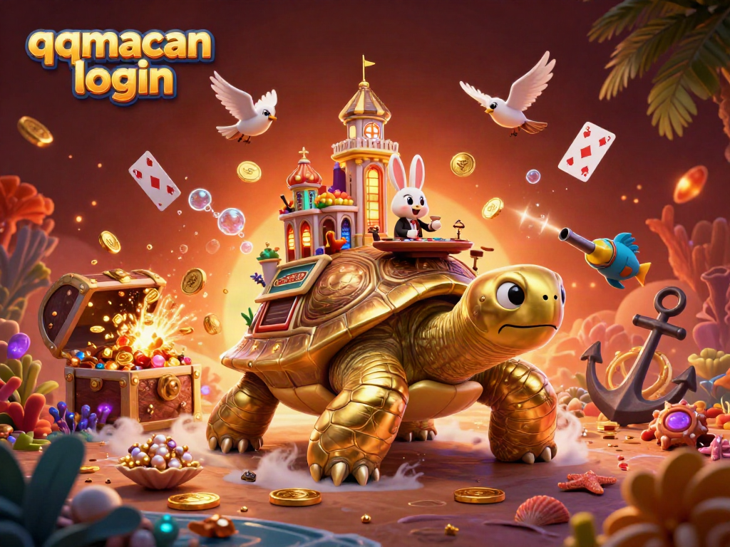 Experience excitement at QQMacan login with a vibrant illustration of a golden tortoise casino scene.