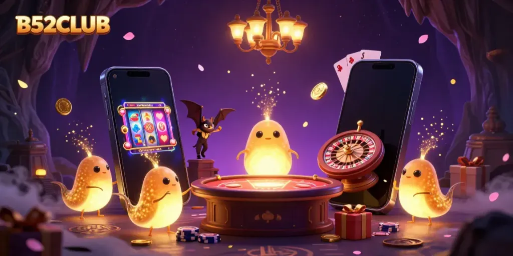 Experience the excitement of B52CLUB with vibrant glowworms illuminating a dynamic casino scene featuring engaging game elements.